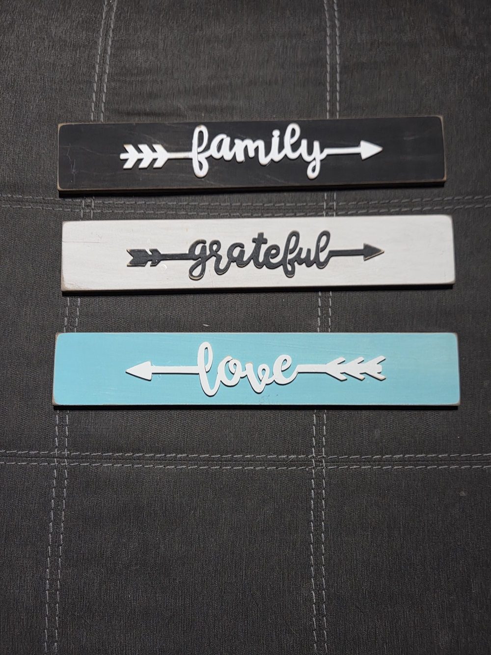 Handcrafted 'Family, Grateful, Love' Wood Wall Signs - Black, White, Blue